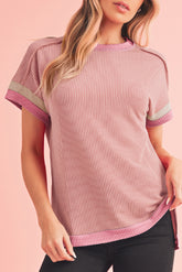 Light Pink Textured Colorblock Round Neck T Shirt